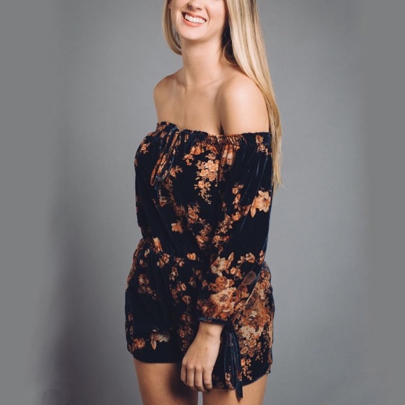 New Velvet Floral Off Shoulder Autumn Romper - Picture 1 of 5